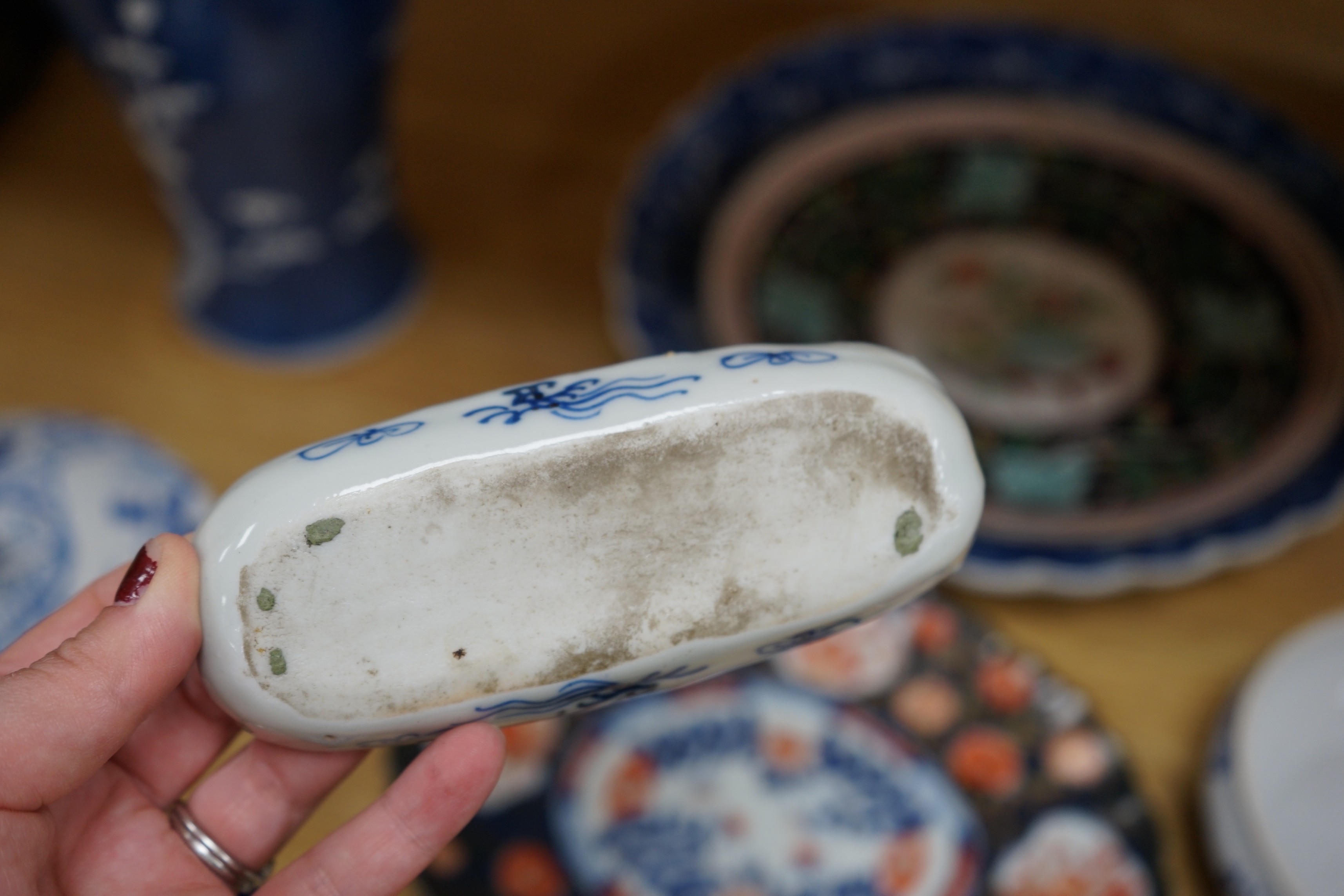 An early 20th century Chinese blue and white prunus vase, group of Chinese, Japanese porcelain Rex Hotel tureens, soapstone wine pot etc